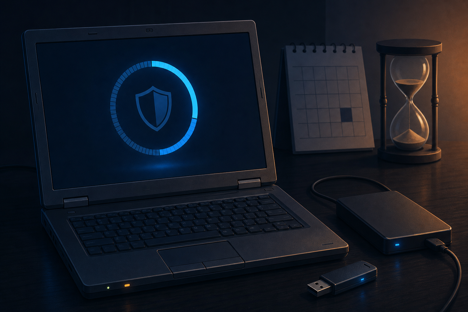 Régebbi laptop egy sötét asztalon, mellette pendrive és külső merevlemez, a kijelzőn frissítést jelző körkörös ábra