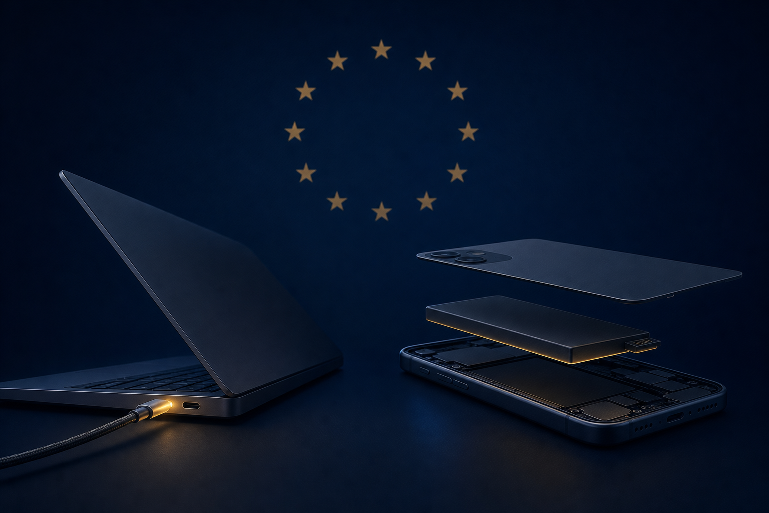 USB-C kábel egy laptop mellett, mellette szétszedett okostelefon kiemelt akkumulátorral