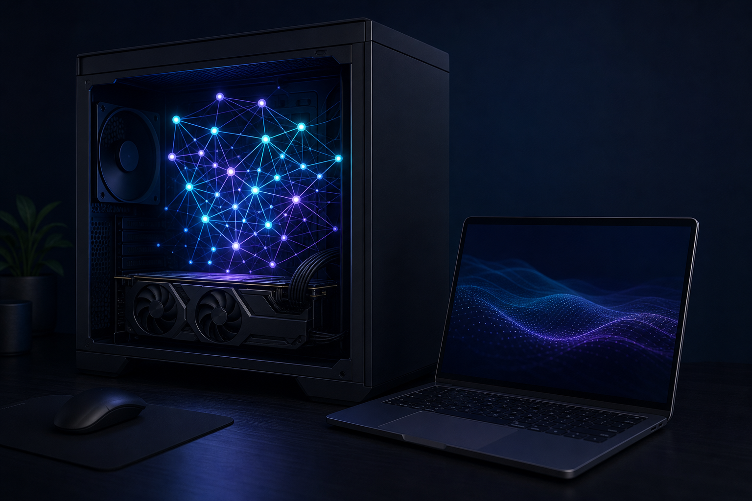 Asztali számítógép és laptop sötét háttér előtt, a gépházban fénylő neurális hálózatot formázó csomópontokkal