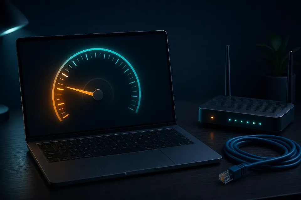 Laptop képernyőjén sebességmérő alacsony értékkel, mellette router és hálózati kábel
