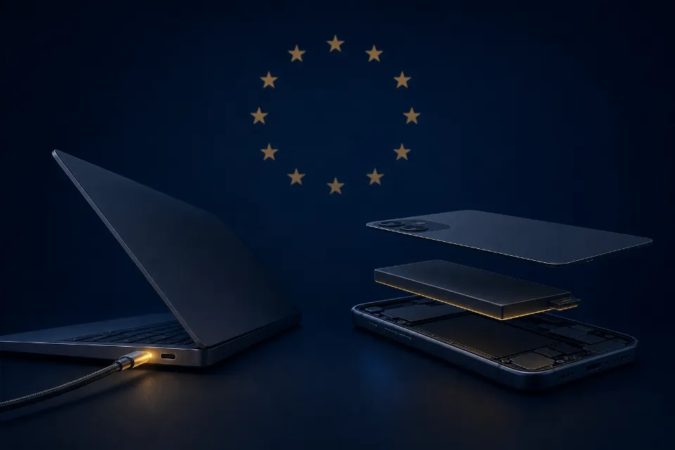 USB-C kábel egy laptop mellett, mellette szétszedett okostelefon kiemelt akkumulátorral