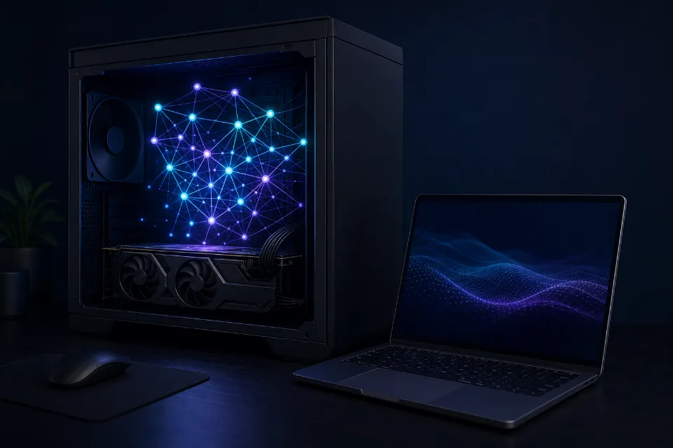 Asztali számítógép és laptop sötét háttér előtt, a gépházban fénylő neurális hálózatot formázó csomópontokkal