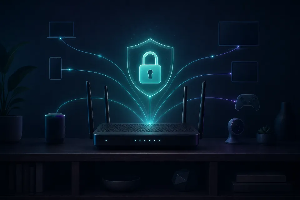 Router egy polcon, fölötte világító lakat és pajzs, körülötte halvány hálózati vonalak