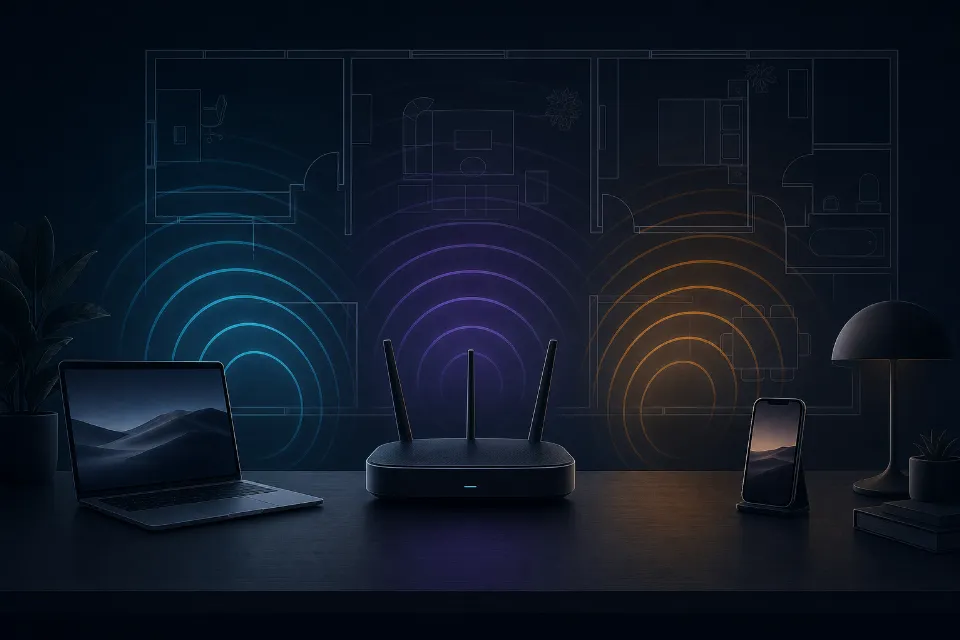 Modern Wi-Fi router, amelyből három különböző színű jelhullám indul egy laptop és egy telefon felé