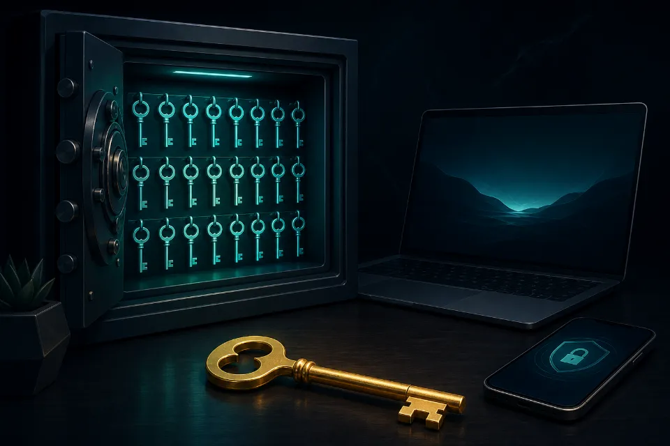 Nyitott digitális széf, benne sorban világító kulcsok, mellette laptop és telefon