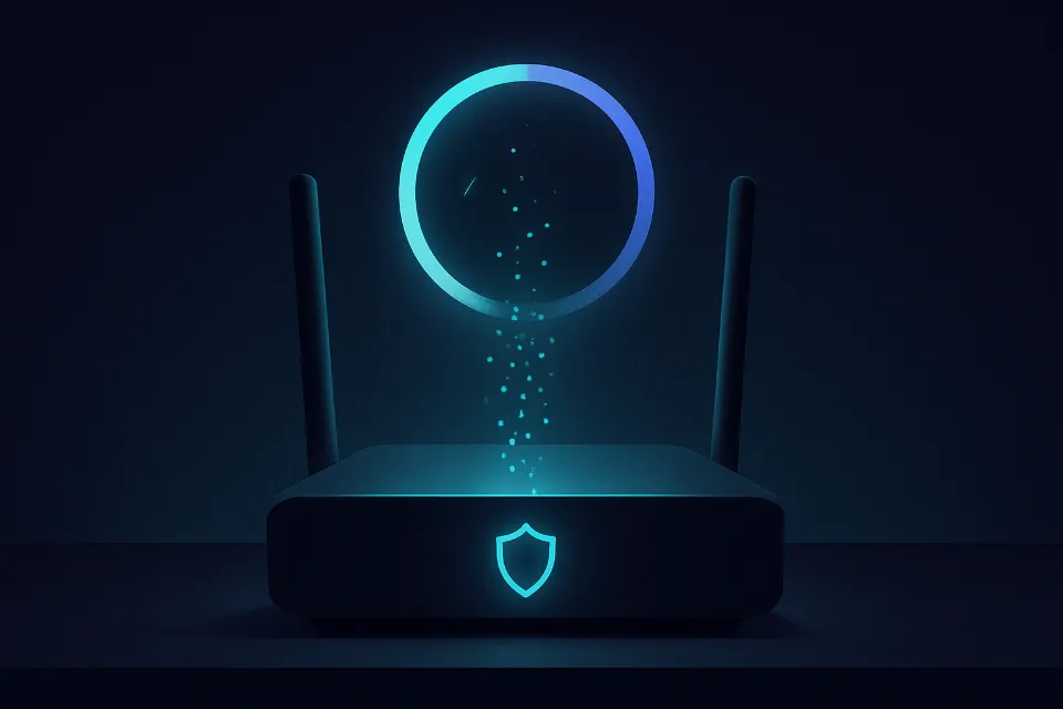 Router az asztalon, fölötte világító folyamatgyűrű, a tetejére részecskék áramlanak