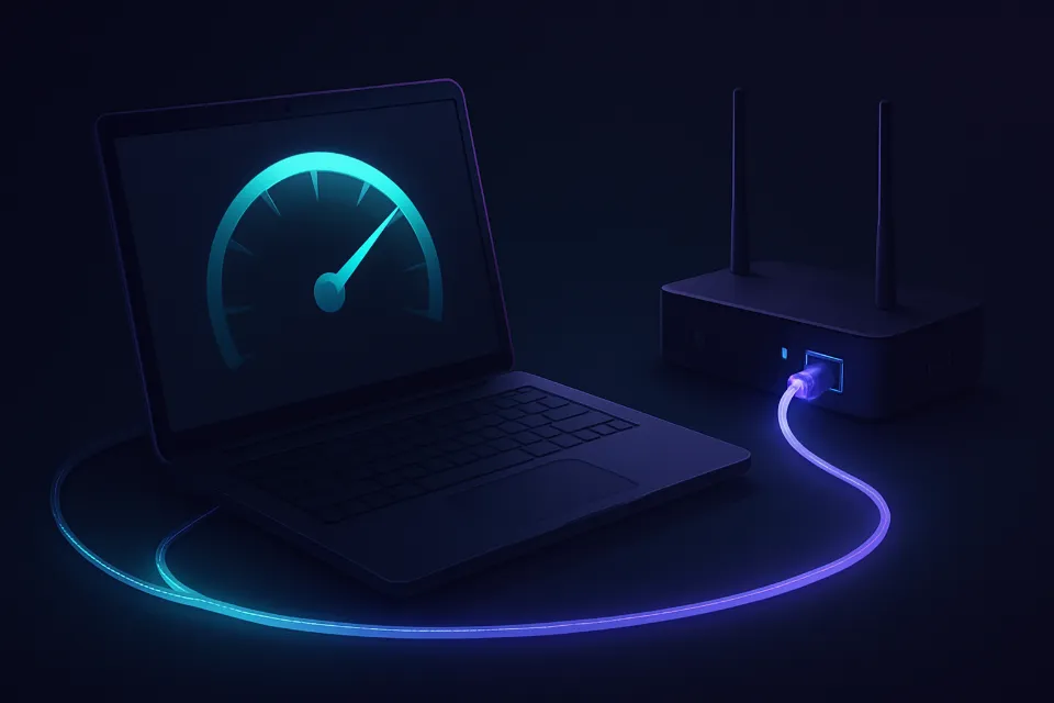 Laptop hálózati kábellel közvetlenül a routerre kötve, a képernyőn magas értéket mutató műszer