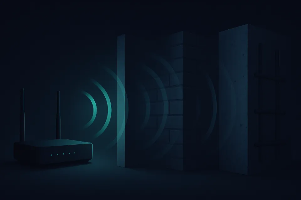 Router jelkörei három különböző falon haladnak át, minden fal után halványabbak
